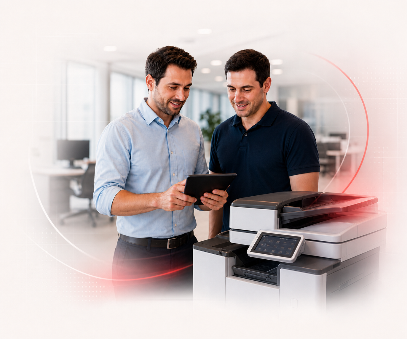 Dois profissionais analisam uma solução de impressão em um tablet, com destaque para equipamento multifuncional e produtividade