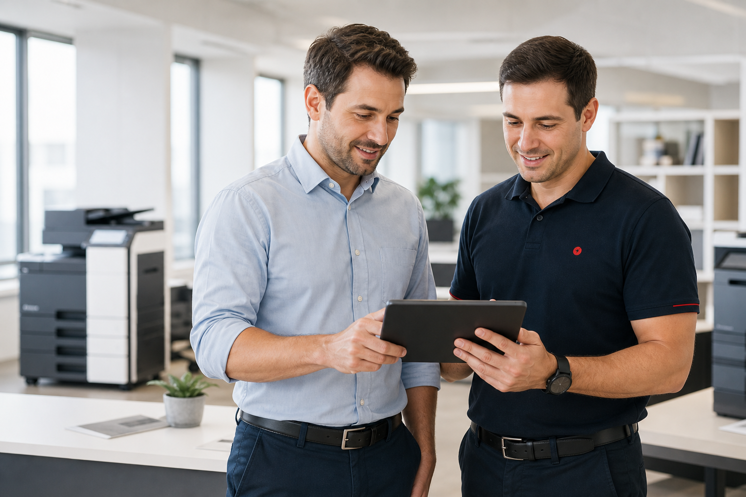 Dois profissionais da Minolsul analisando uma solução de impressão em um tablet